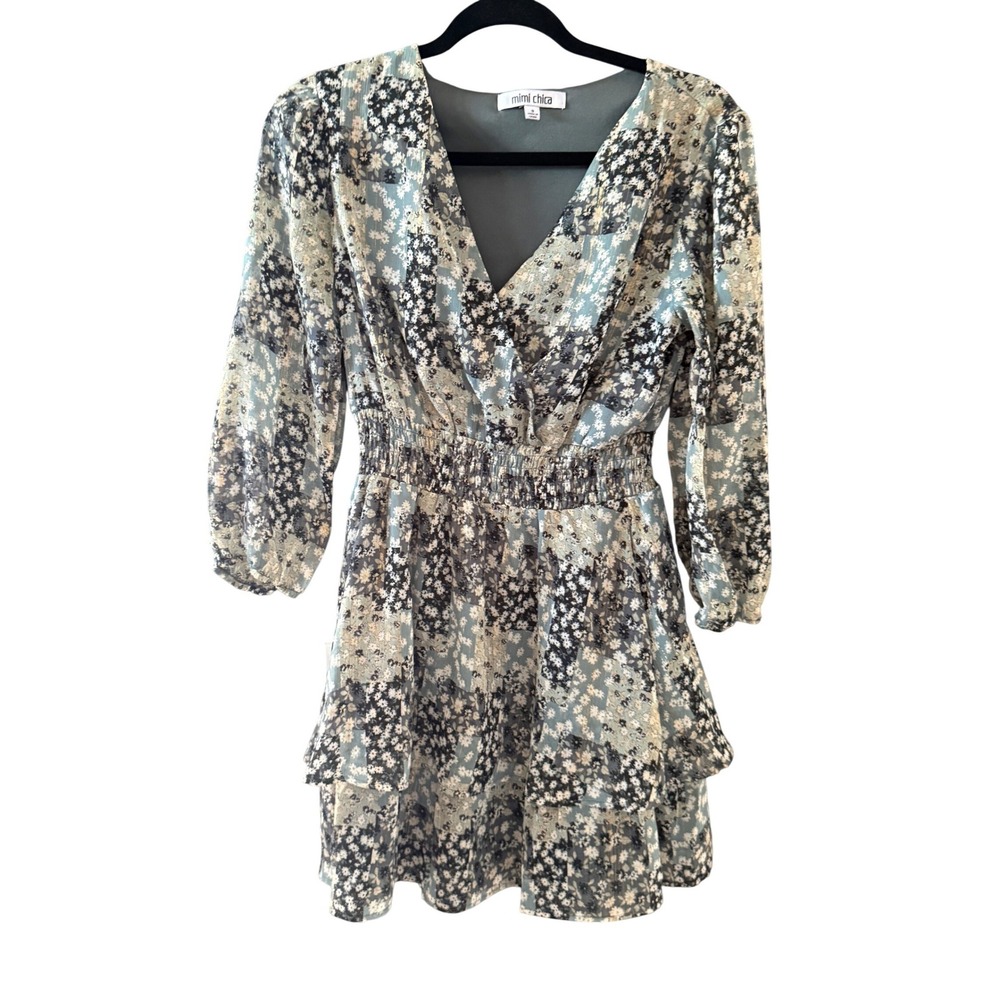 Mimi Chica Blue Floral‎ Metallic Smocked Tiered Mini Dress Womens Small V-Neck